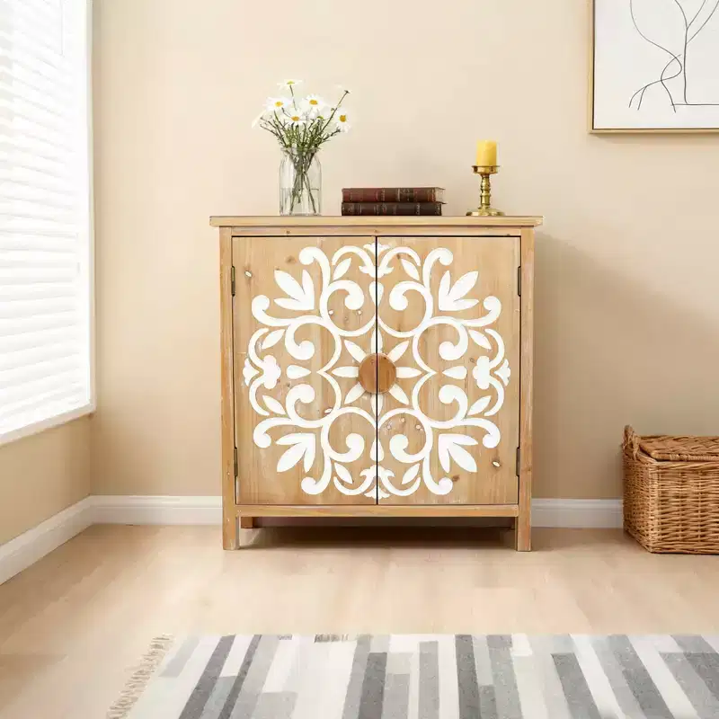 Rustic Wooden Accent Cabinet with Floral Carved Doors 2 Door Storage Cabinet for Living Room