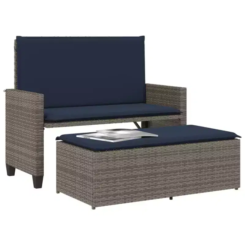 vidaXL Patio Bench with Cushions and Footstool Brown Poly Rattan