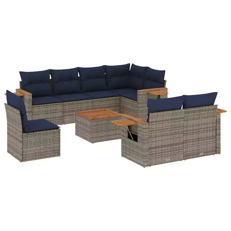 vidaXL 9 Piece Patio Sofa Set with Cushions Grey Poly Rattan (US only)