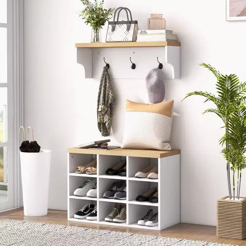 MAYEERTY Hall Tree with 9 Pair Shoe Storage 2 in 1 Coat Rack Shoe Bench Set for Modern Entryway Hallway White