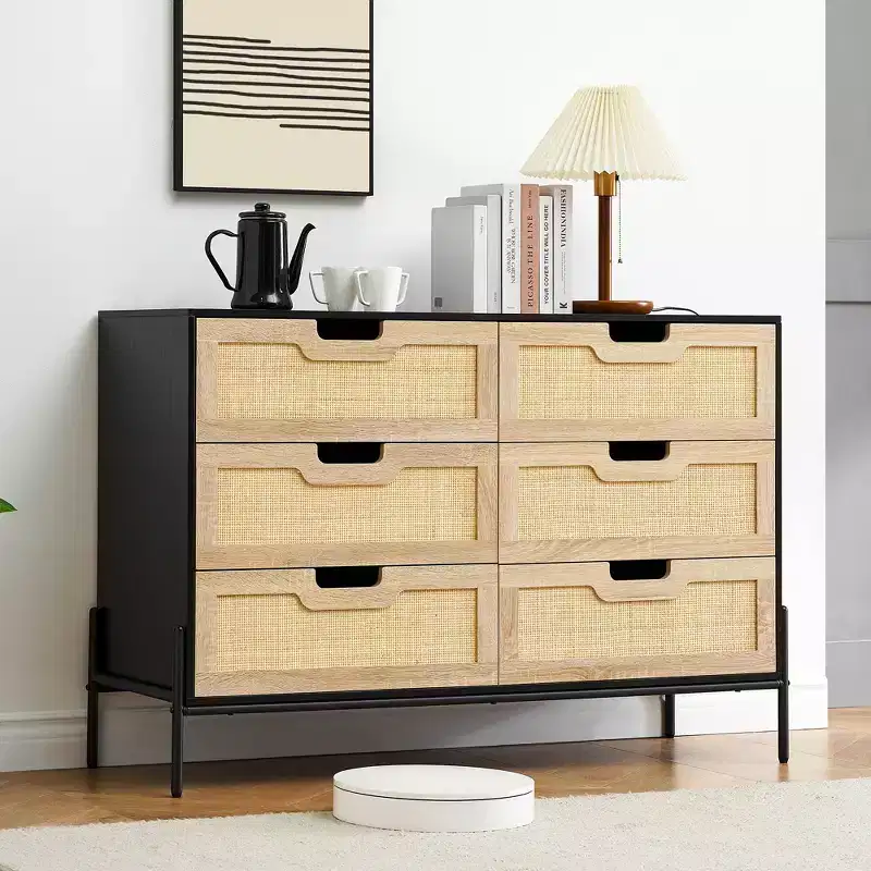 47'' Farmhouse Chest of Drawers,Rattan 6 Drawer Dresser with Metal Legs,Modern Wooden Dresser ,Large Wide Drawer Dresser for Bedroom,Living Room