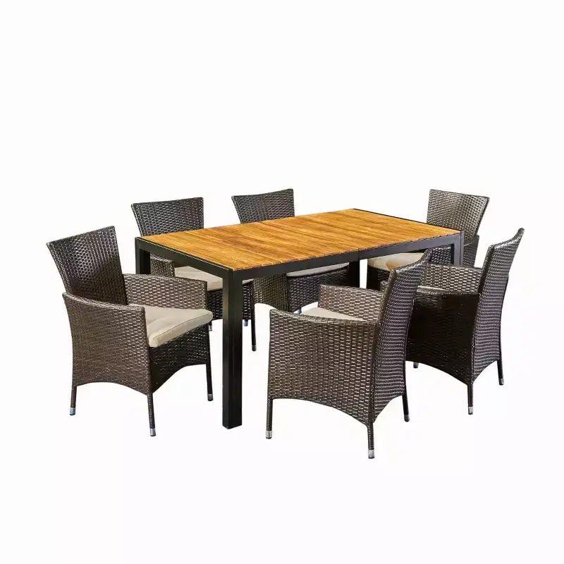 Christopher Knight Home Abel Outdoor Acacia Wood and Wicker 7 Piece Dining Set with Cushion, Teak/Multibrown
