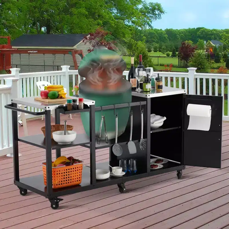 GustoWave Heavy-Duty Grill Table for Large Big Green Egg, Outdoor Prep Station with Storage, Stainless Steel Top, Locking Wheels - Black