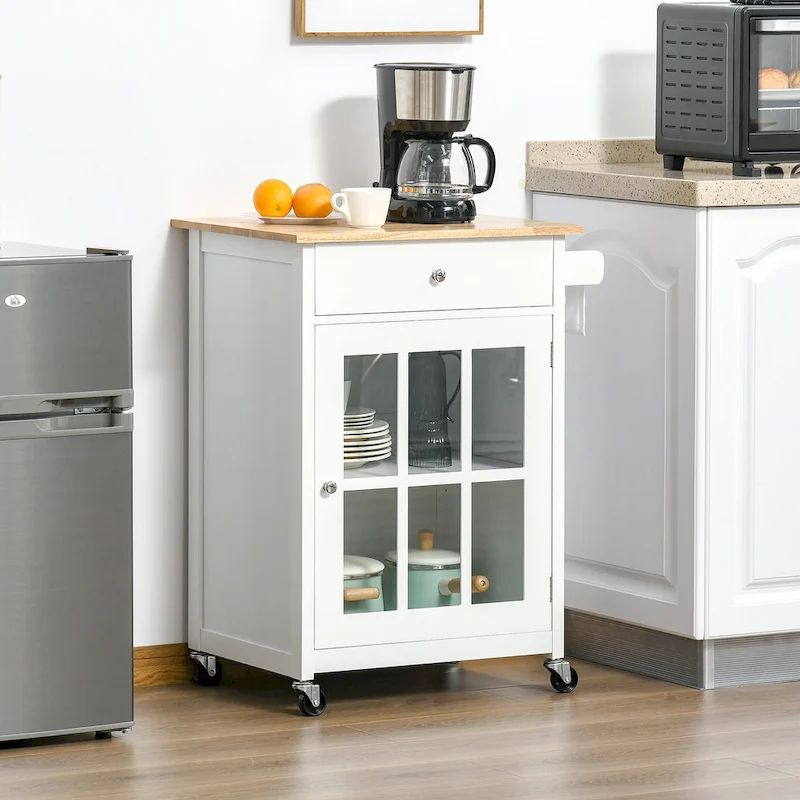 HOMCOM 27 Rolling Kitchen Island Cart with Drawer and Glass Door Cabinet, Kitchen Trolley with Adjustable Shelf and Towel Rack