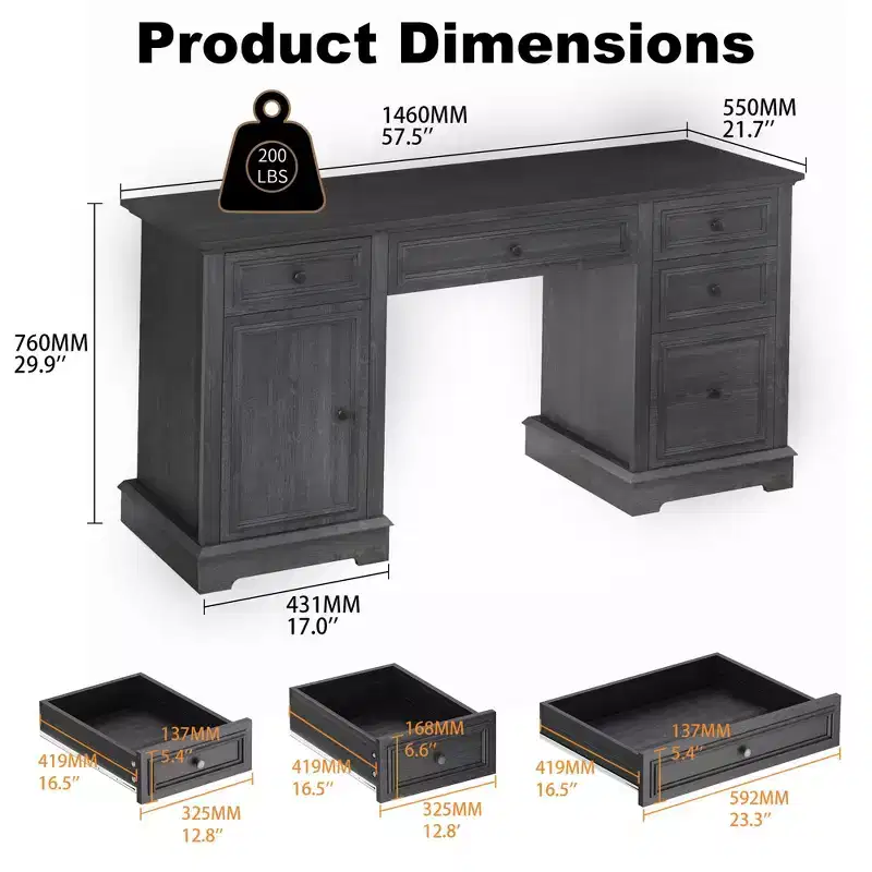 Dyonery administrative desk, wooden computer desk with drawers and cabinets, for home, study, work, writing, antique white home desk for work