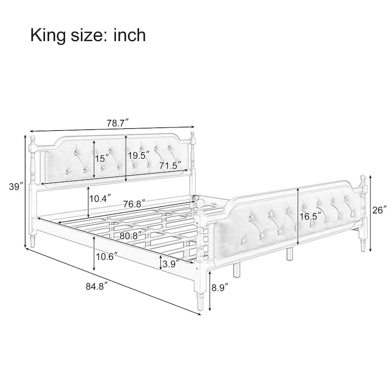 Solid Wood Bed Frame with Upholstered Tufted Headboard – No Box Spring Needed
