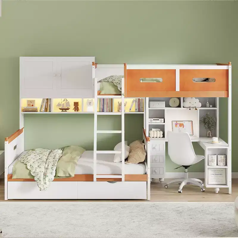 Twin Over Full Wooden Bunk Bed with Desk/Wardrobe, LED Light & Storage Space, White + Orange - ModernLuxe