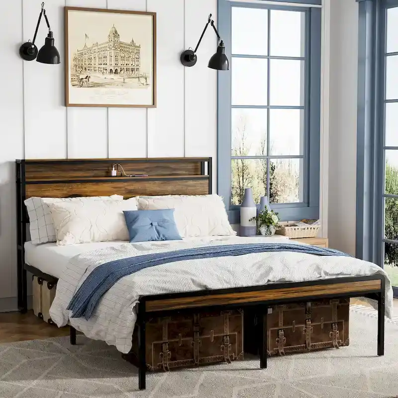 Queen Size Platform Bed with Storage Headboard, LED Light & Charging