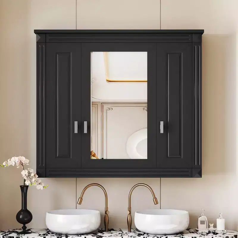 MAYEERTY 35 Wall Mounted Bathroom Medicine Cabinet, Modern Bathroom Wall Cabinet with Mirror Open Shelves for Bathroom Gray