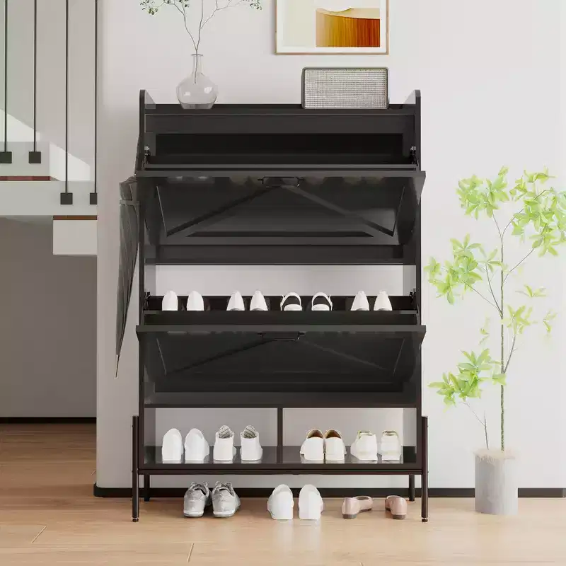 Garvee Shoe Storage Cabinet, 2 Flip Drawers & Top Drawer Shoe Cabinet for Entryway, Freestanding Shoe Organizer Cabinet with Metal Legs, Black
