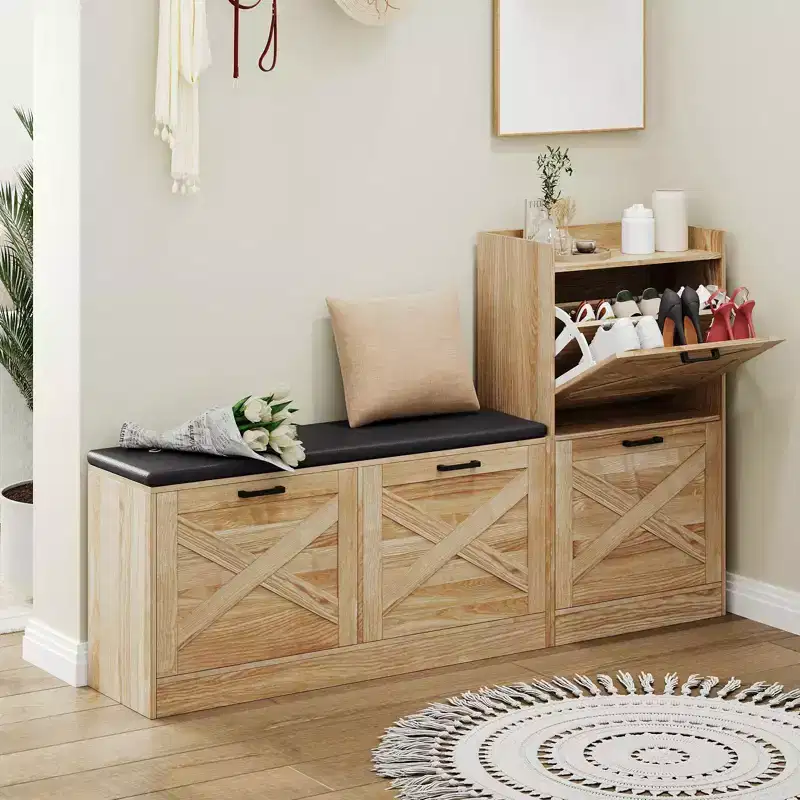 GustoWave Framhouse Shoe Storage Cabinet with Shoe Bench with 4 Flip Drawers & Padded Seat Cushion, Entryway Bench with Storage