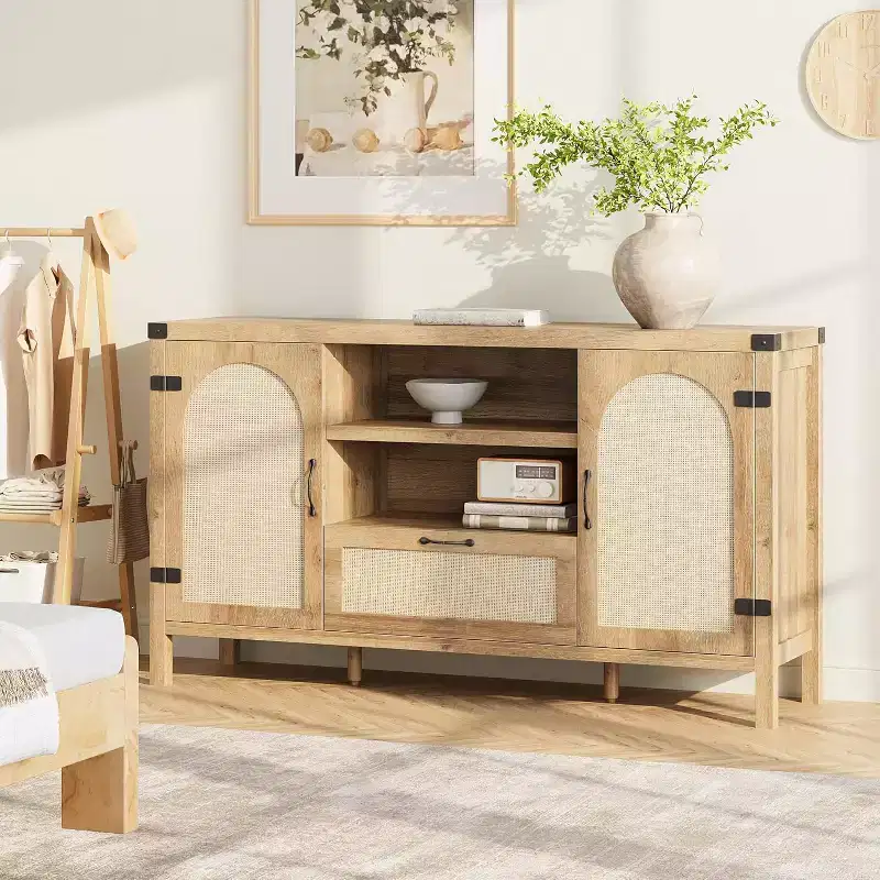 47.2'' Rattan Buffet Cabinet, Kitchen Coffee Bar Cabinet w/Doors and Drawer, Boho Sideboard with Adjustable Shelves & Handle for Living Room