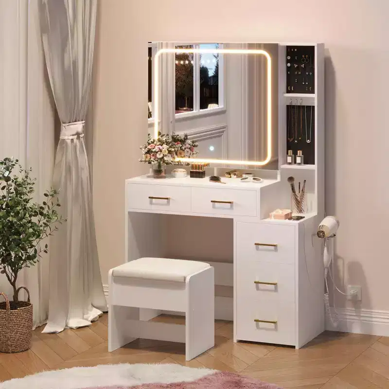 MDF Makeup Vanity Desk with Lighted Mirror and 5 Drawers 36