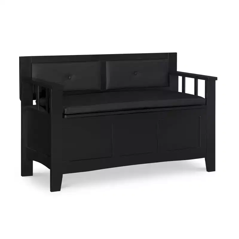 Linon 44.5" Carlton Solid Wood Faux Leather Upholstered Padded Storage Bench Black: Entryway Ottoman, Shoe Organizer