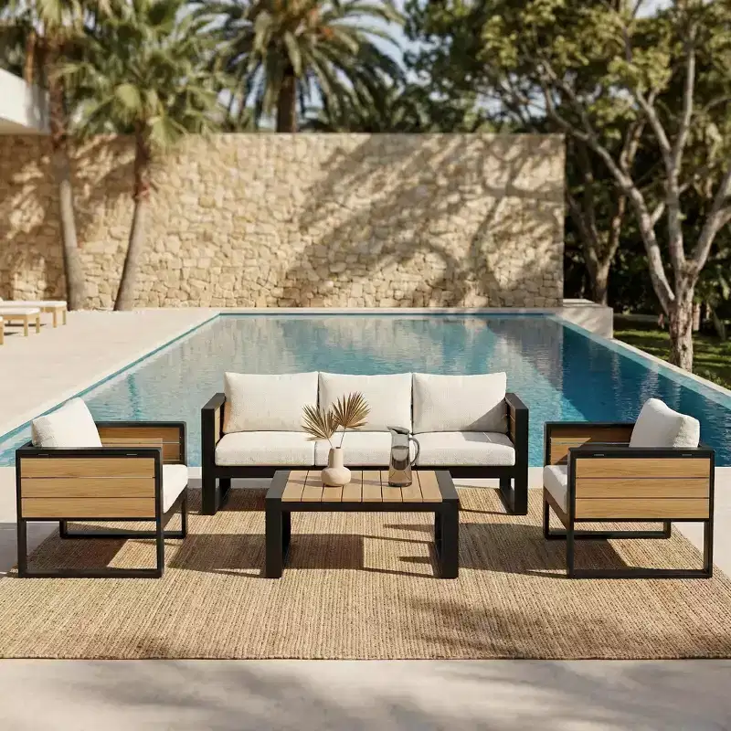 Christopher Knight Home Fransica 4 Piece Modern Patio Aluminum Seating Seat with Fold-Out Side Tables