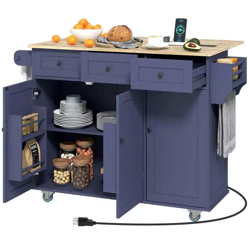 Rolling Kitchen Island with Charging Station, Drop Leaf & 3 Drawers