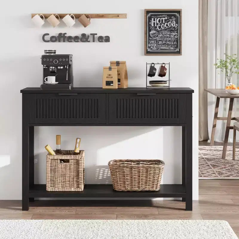 Farmhouse Fluted Console Table, 2 Drawers, Storage Shelf, Narrow Wooden Entryway Sofa Side Table for Living Room, Hallway, or Foyer, Black