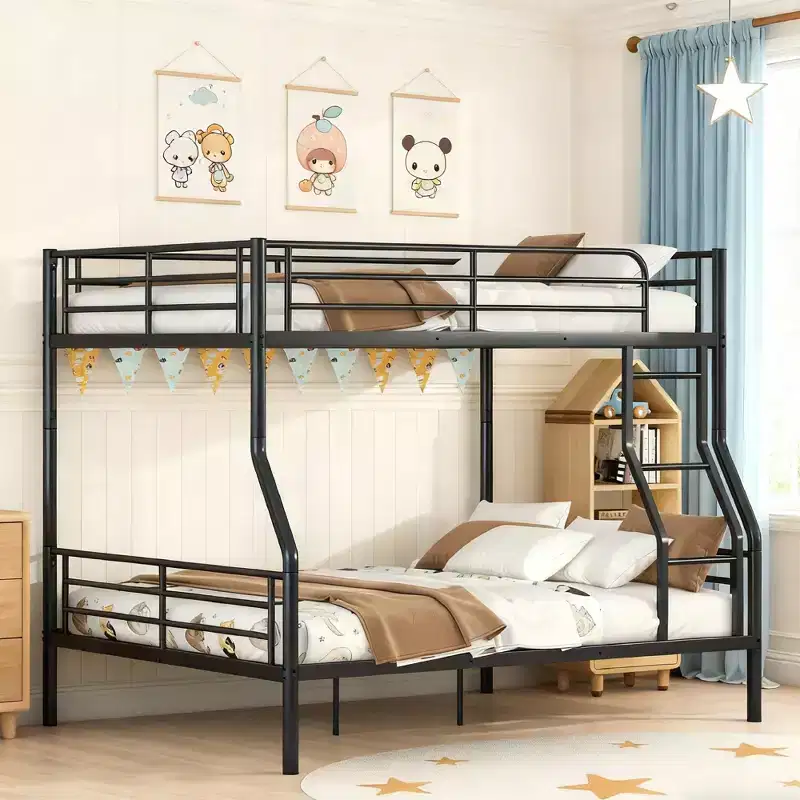 Full XL Over Queen Bunk Bed, Metal Frame with Safety Guardrails, Splits into Two Standalone Beds