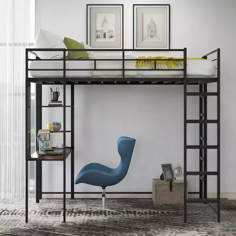 Bellemave Full Size Metal Loft Bed with 2 Shelves and one Desk ,Black