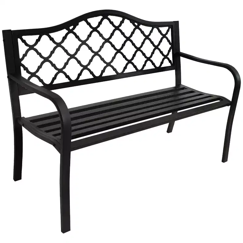 Sunnydaze 2-Person Lattice Design Black Cast Iron Outdoor Garden Bench