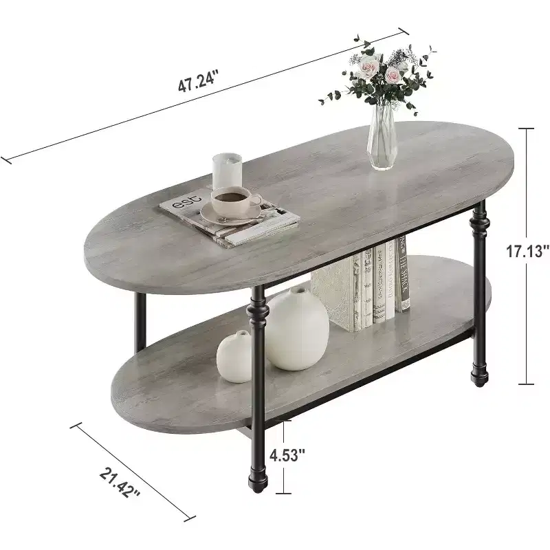 Oval 2-Tier Coffee Table with Storage, 47.2 Mid Century Grey Center Table, Modern Wood & Metal Cocktail Table for Living Room or Office