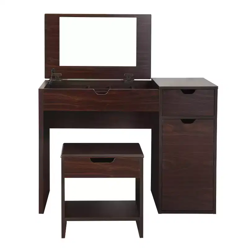 24/7 Shop At Home Lena 3 Drawer Vanity Set Dark Walnut: Modern Dressing & Makeup Table with Mirror, Storage Stool