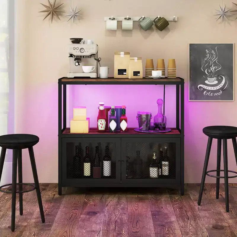 Coffee Bar Cabinet with LED Lights, Industrial Buffet Sideboard with Charging Station