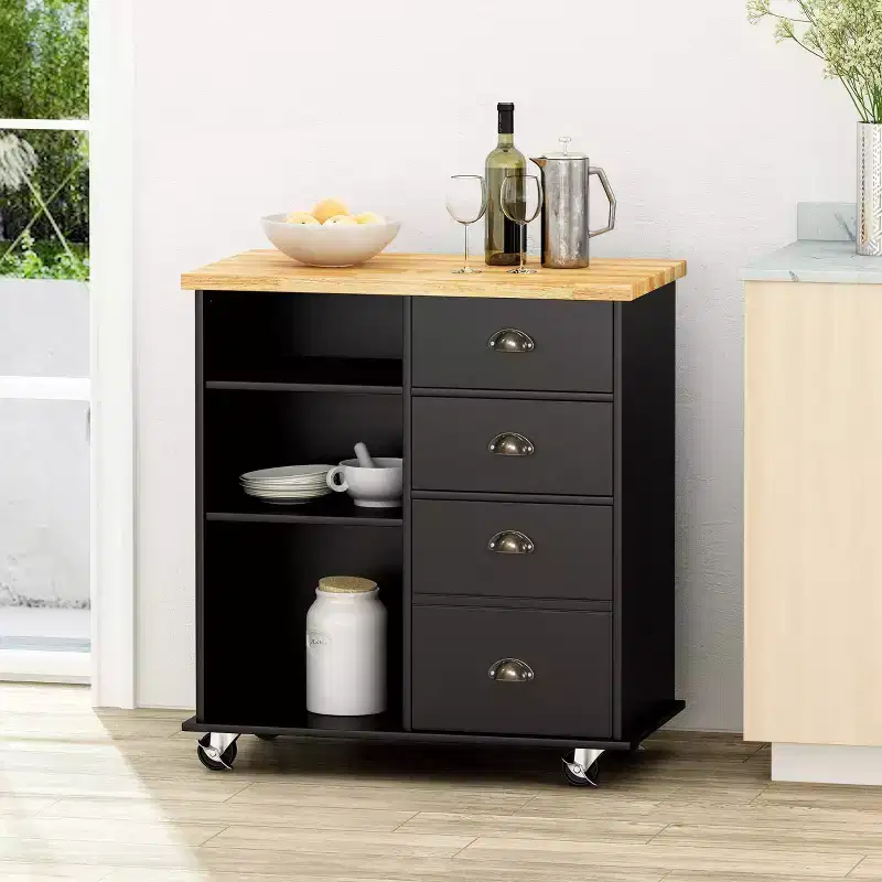 Rubberwood Kitchen Cart with Wheels 34.5''H x 31.5''W x 17.75''D