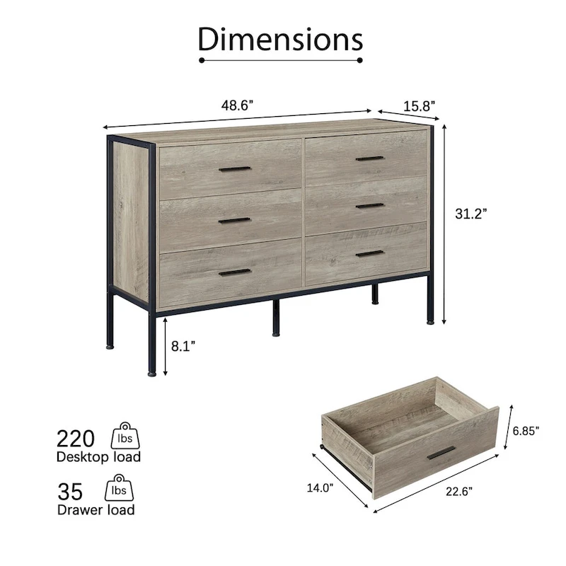 Wood Dresser with 6 Drawers, Solid Clothes Cabinet with Sturdy Steel Frame, 48.58W15.75D31.22H, 48 inch, Rustic Grey
