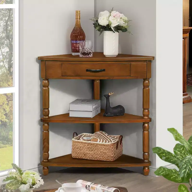 Whisen Classic Vintage Design End Corner Table with Storage Drawer and 2 Shelves