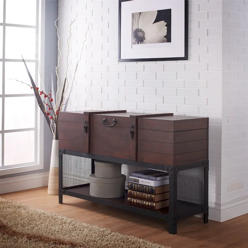 Industrial Walnut 47-inch Metal 1-Shelf Trunk Entryway Table