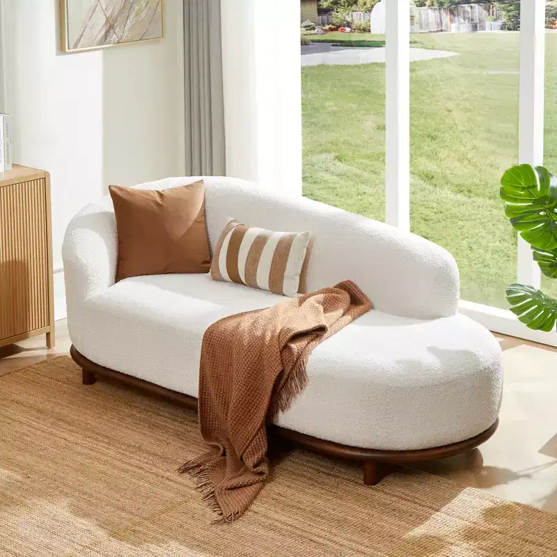 Modern Rubberwood Boucl Upholstered Chaise Lounge