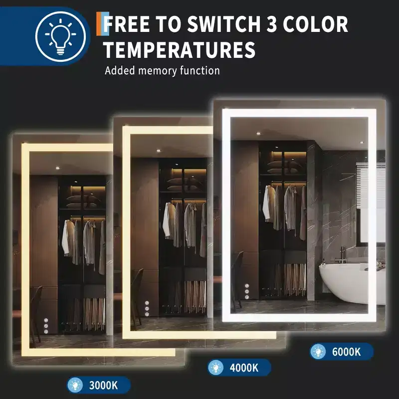 Bathroom Mirror , Frameless Vanity Mirror with Anti-Fog & Dimmable Lights