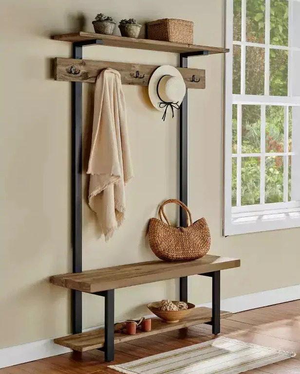 Pomona Entryway Hall Tree with Bench, Shelf, and 5 Coat Hooks, Rustic Pine