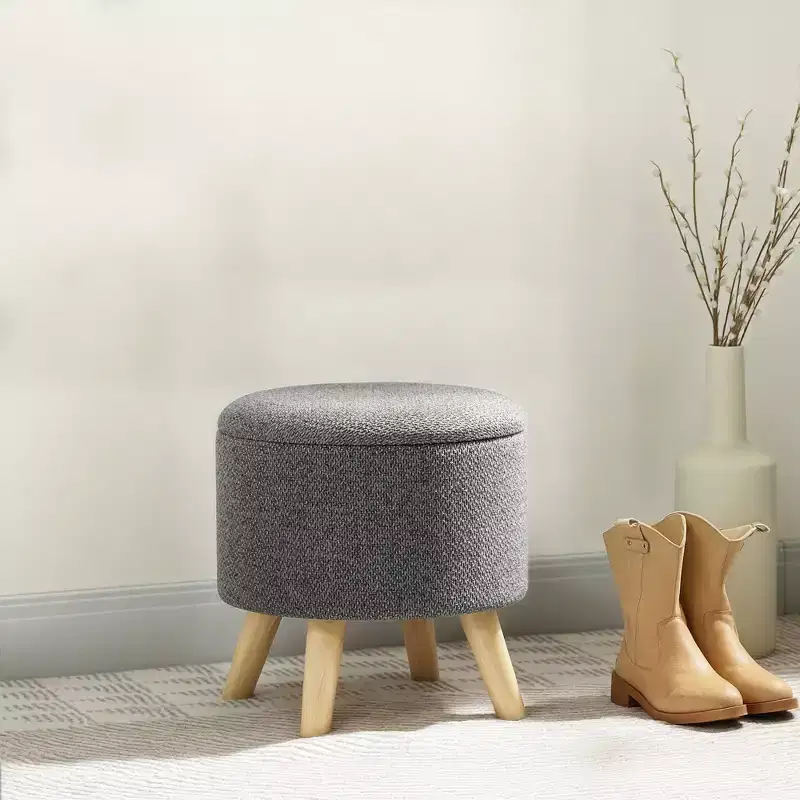 Round Ottoman Stool with Storage, Linen Upholstered Foot Stool with Padded Seat, Hidden Space and Wood Legs