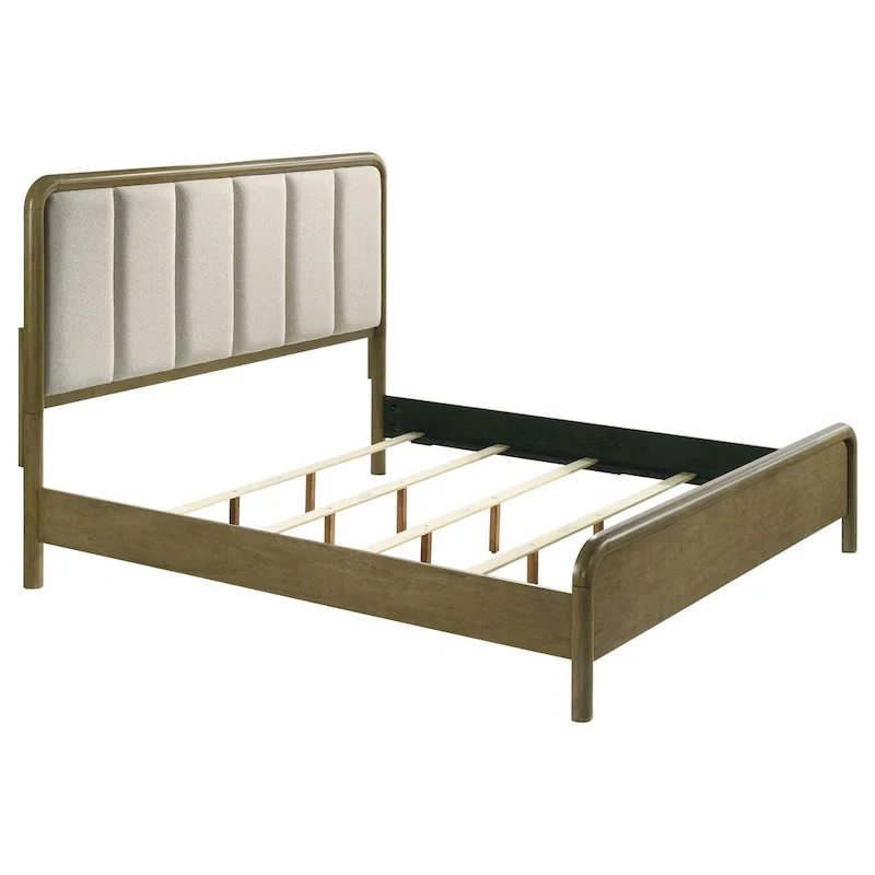 King Bed, Vertical Channel Tufted Beige Boucle Upholstery, Brown