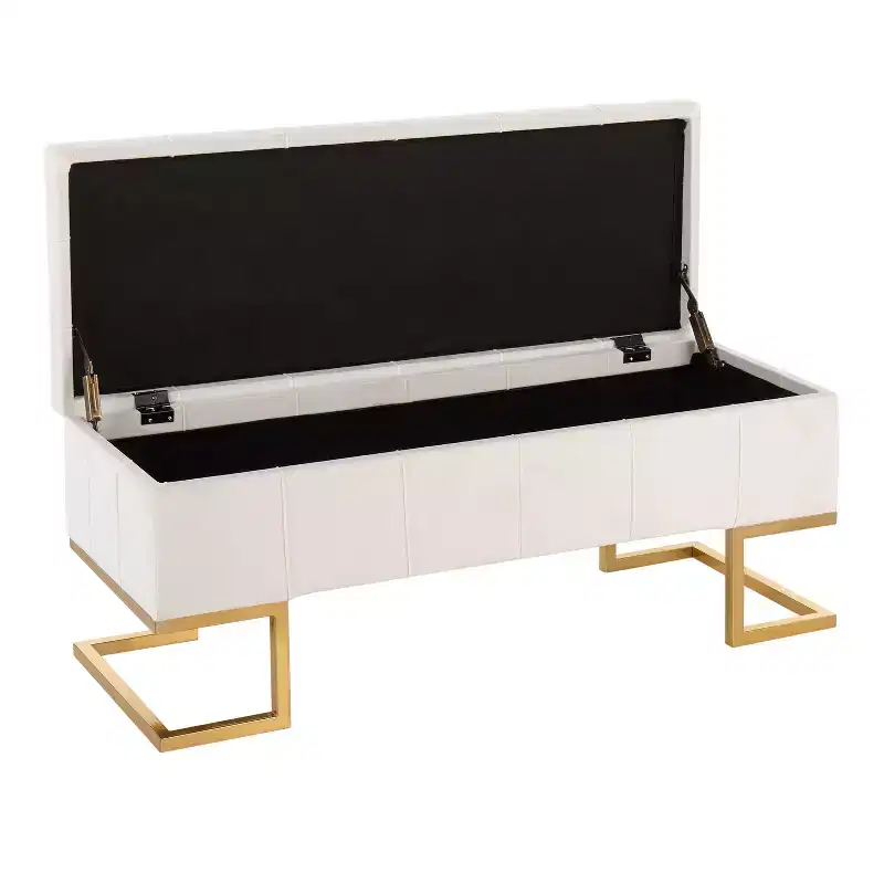 LumiSource 41" Midas Glam Storage Bench Steel/Velvet Gold/White: Upholstered Ottoman with Lift-Top, Tufted Design