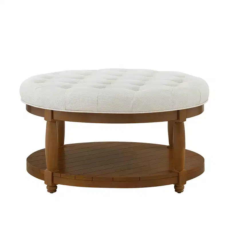 Modern Wooden Round Linen Upholstered Tufted Ottoman with Shelf Storage