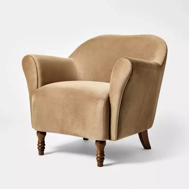 Turned Leg Velvet Accent Chair Tan