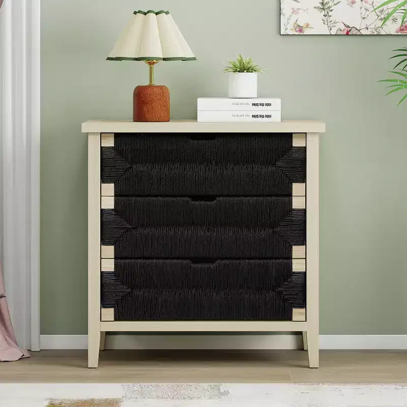 GDFStudio Mona Modern 31.5'' Hand-Woven Rope Wooden Cabinet with 3 Drawers