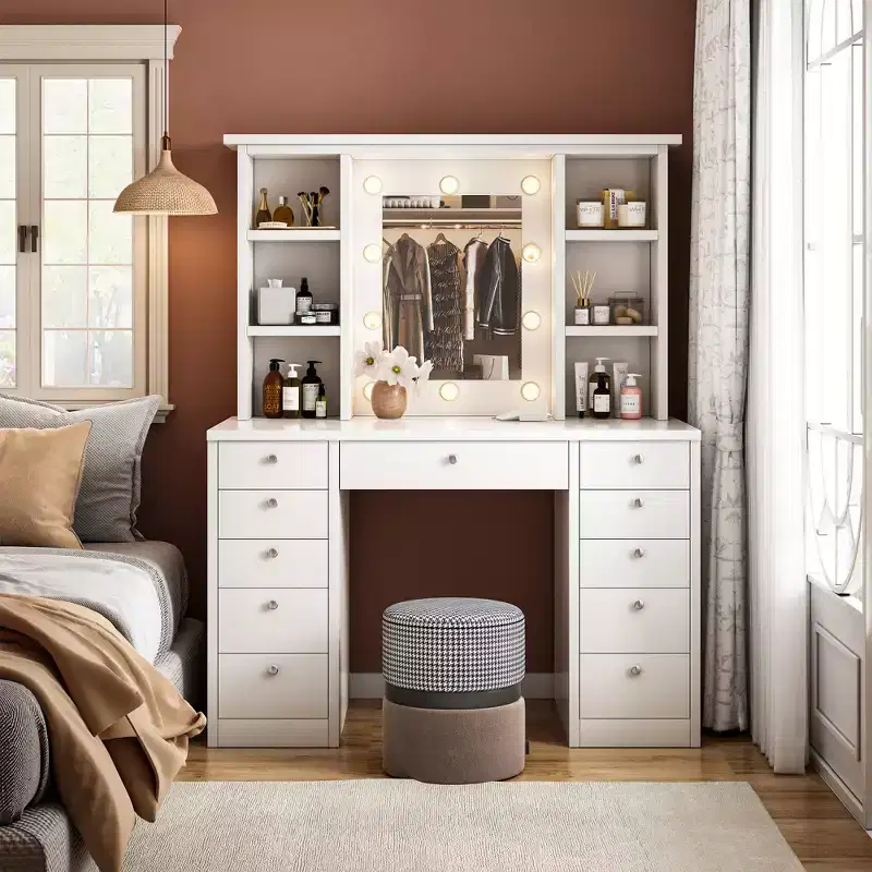 Makeup Vanity Table with 11 Drawers, Bedside Cabinet Vanity Desk with Touch Control Brightness Adjustable LED Mirror, Hidden Wiring
