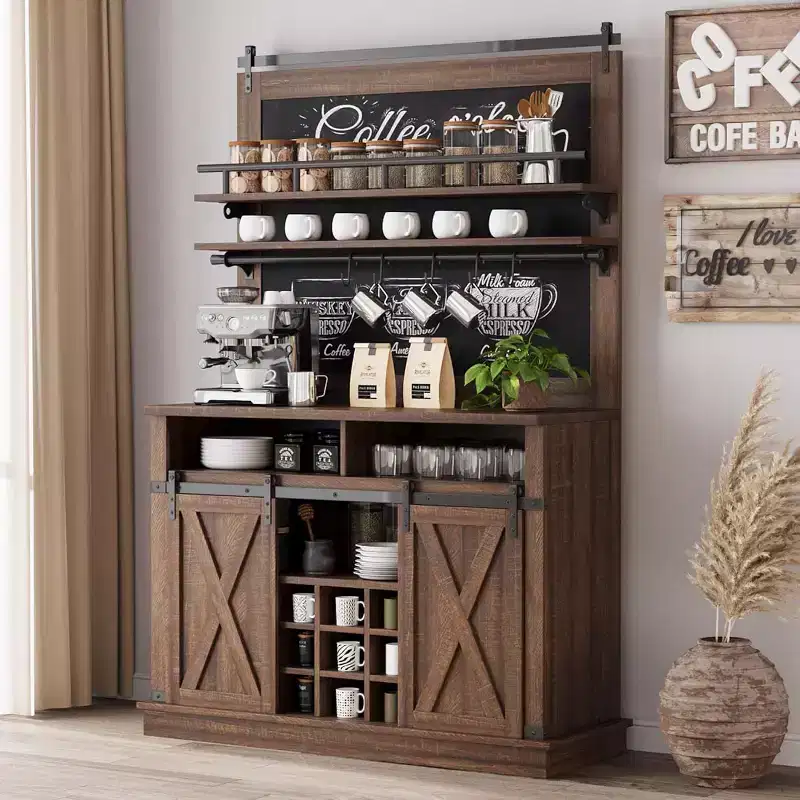 75 Tall Coffee Hutch Cabinet Large Kitchens Storage Pantry Cabinets White Coffee Bar Cabinet Cupboard with Sliding Barn Door