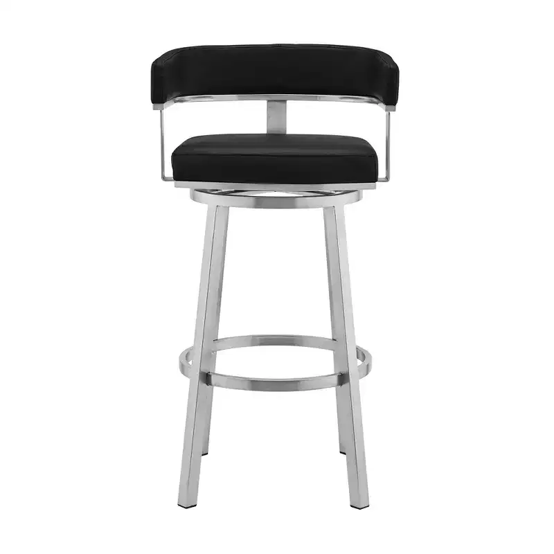 HomeRoots 26 Black And Silver Faux Leather And Iron Swivel Low Back Counter Height Bar Chair