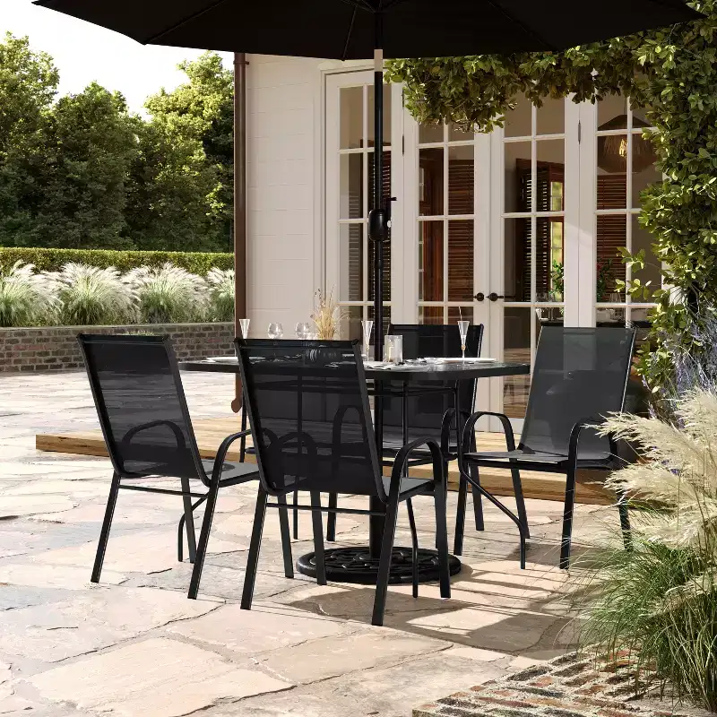 Flash Furniture Brazos 5 Piece Commercial Grade Patio Dining Set with Tempered Glass Patio Table and 4 Chairs with Flex Comfort Material Seats and Backs