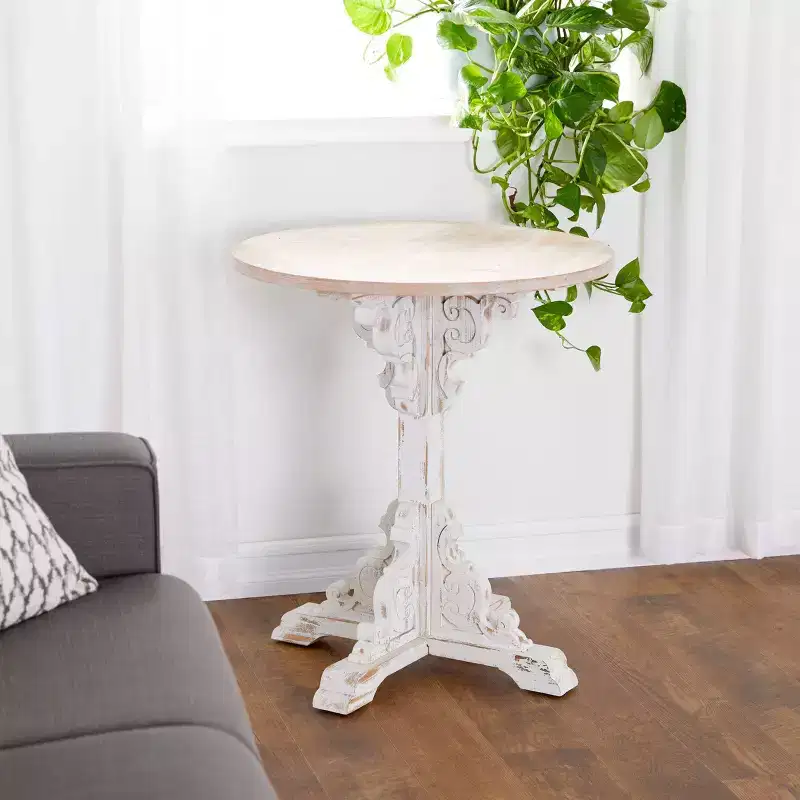 Small Round Antique Wood Accent Table White - Olivia & May: Ornate Farmhouse Style Side Table