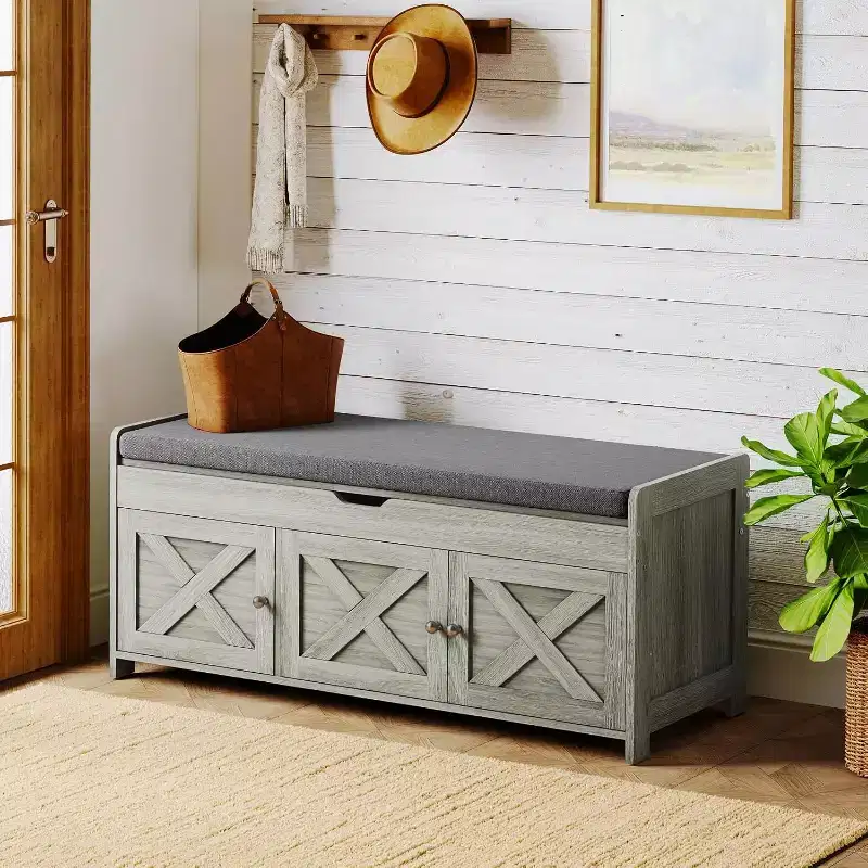 Shoe Rack Bench, 2-Tier Shoe Storage Bench with Cushioned Seat, Entryway Bench with Adjustable Shelf & Barn Doors, Maximum weight capacity 300 LBS.