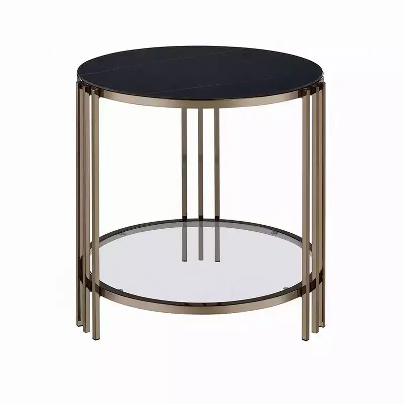 Royal Hampton Side End Table, 23 Inch, Round Sintered Stone Top, Black and Gold