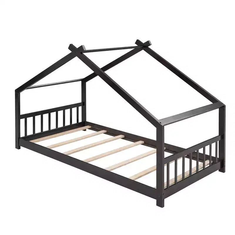 Twin Size House Bed Frame with Roof and Fence – Pine Wood, No Box Spring Needed