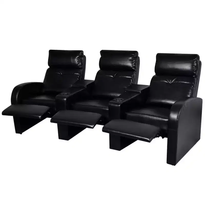 3-Seater Home Theater Recliner Sofa with Built-in Cup Holder - Black
