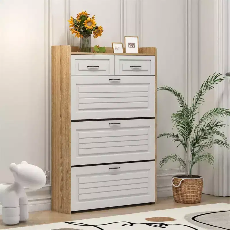 Shoe Cabinet with 3 Flip Drawers, 2 Storage Drawers, Freestanding Modern Shoes Organizer for Hallway, Bedroom , Entryway Storage White